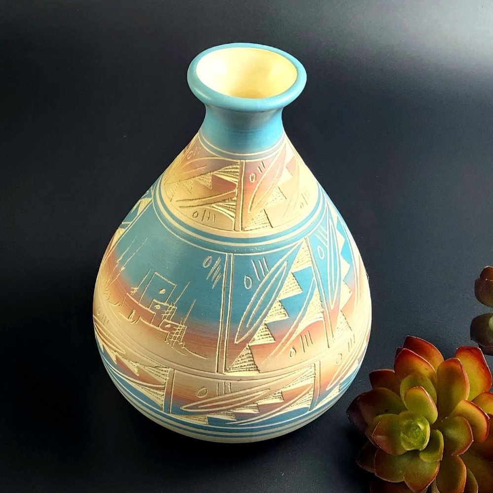 Artisan Ceramic Vase - Blue and Cream